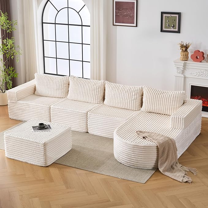 132” Boneless Couches for Living Room, L-Shaped Modular Sectional Sofa with Chaise & Ottoman, Modern Corduroy Cloud Couch with Deep Seat, Comfy Sponge Compression Convertible Sofas