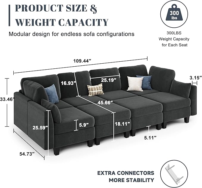 Sectional Sleeper Sofa, 8 Seaters Modular Sleeper Sofa Couch, Comfy Sectionals Couches Bed, Convertible Sofas with Ottomans, Modular Sectional Couches for Living Room, Dark Grey