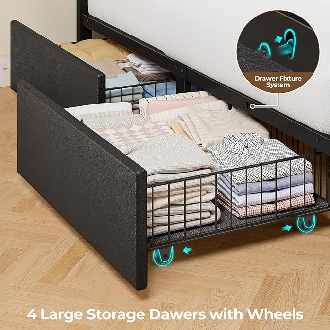 Seventable Twin Bed Frame with 4 Storage Drawers, Charging Station & LED Lights, Upholstered Headboard with 2-Tier Shelves, Metal Platform Bed, No Box Spring Needed, Noise-Free, Black
