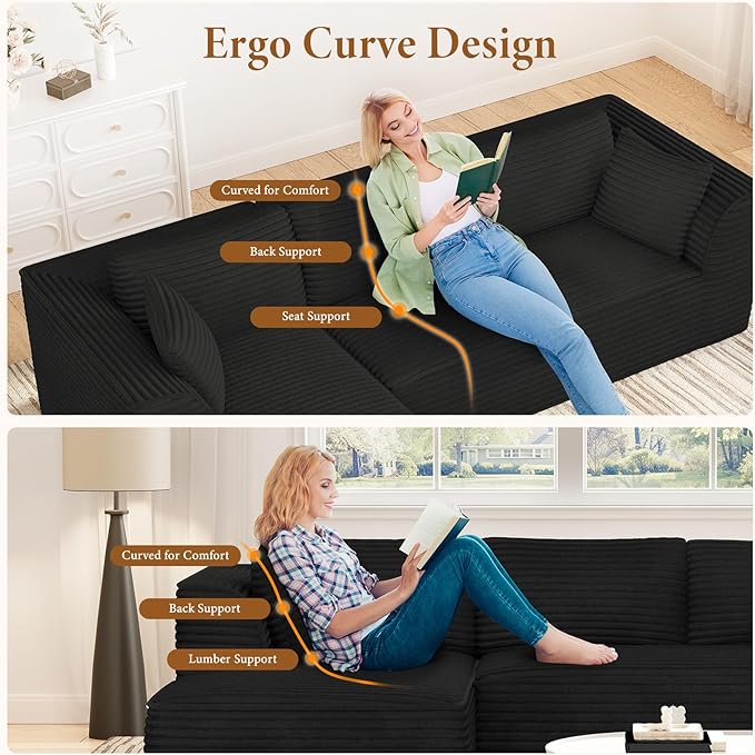 Vesgantti 106" Cloud Sectional Couch with Chaise, Deep Seat Comfy Modular Sectional Sofa Corduroy Memory Foam Boneless Couches for Living Room Bedroom, No Assembly Required (Black, Left-Facing Chaise)