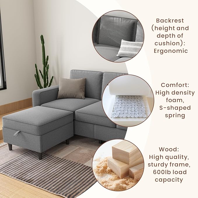 Sectional Sofa and Couches for Living Room - 78''L Shaped Light Gray Linen Couch-Pet Friendly Modular 3-Seater Convertible Sofas-Washable Covers-Suitable for The Living Room, Apartment or Bedroom