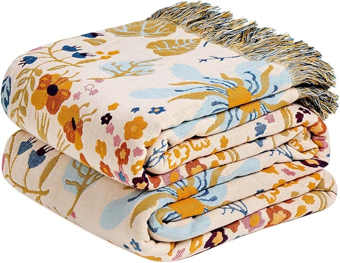 LUTBM Boho Throw Blanket with Florals & Leaves Embroidery Reversible Lightweight Cotton Gauze Throws for Couch,Bed,Sofa & Chair Decor - Bohemian Living Room Accent Gift 60"x80"