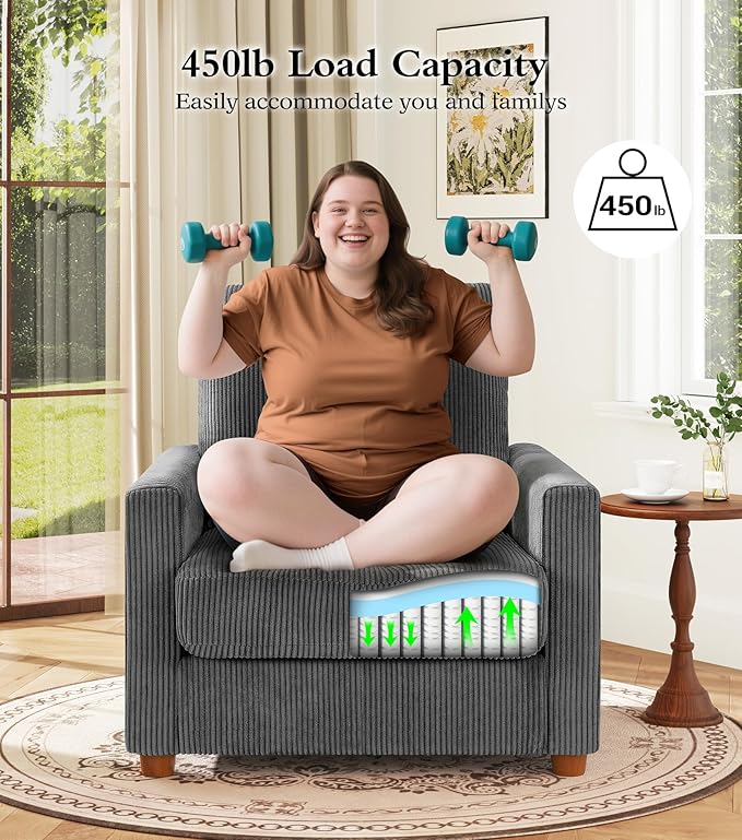 Kidirect 35.5in Oversized Accent Chair, Easy to Assemble Living Room Chairs, Corduroy Reading Chair for Bedroom, 22.5in Deeper Seats Accent Chairs for Living Room, Comfy Armchair Reading Nook, Grey