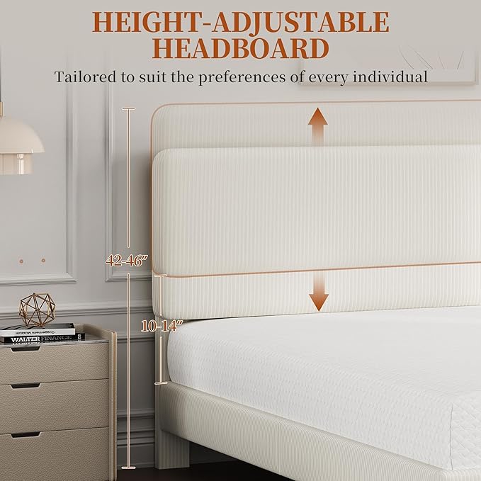 Yaheetech King Bed Frames with Adjustable Headboard, Chenille Fabric Upholstered Headboard/Platform Bed, King Size Bed Frame No Box Spring Needed/Wood Slats Support/Easy Assembly/Beige