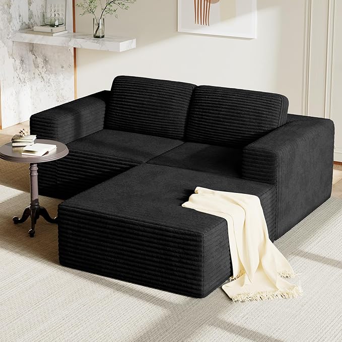 Vesgantti 80" Modular Sectional Sofa, Corduroy Cloud Couch with Deep Seats & Spring Support, Compact 2 Seater Boneless Couch, L-Shaped Modular Sofa for Small Spaces, Apartments, No Assembly, Black