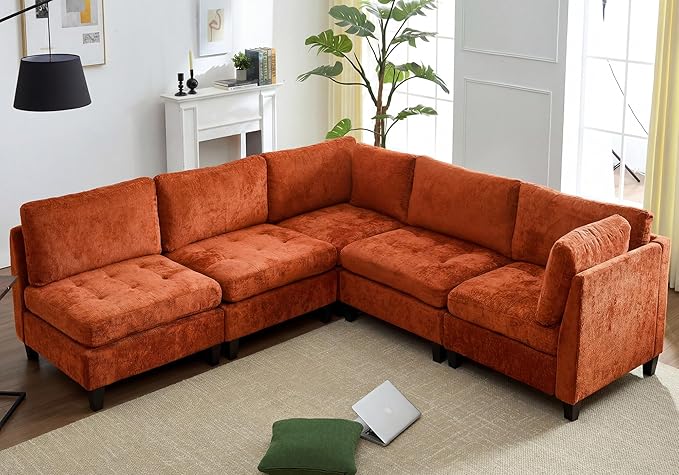 Luxe Oversized Modular Sectional Sofa Set，Modern Chenille Comfy Sectional Cloud Couch for Living Room (5-Seater, Orange)