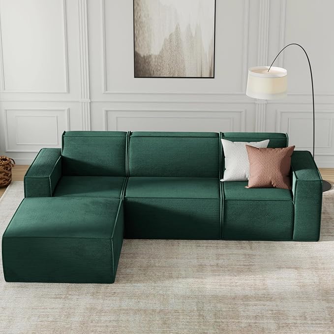 Cozy Castle 106" Modular Sectional Sofa, L Shaped Corduroy Boneless Couch with Deep Seat and Ottoman Chaise Cloud Sofa Upholstered Couches for Living Room Bedroom No Assembly Required (Green)