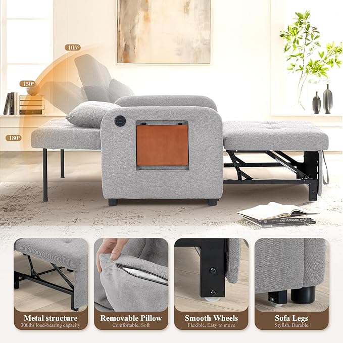 Convertible Sleeper Chair-Fabric Futon Sofa Bed, Single Sleeper Sofa, Small Couch Bed with USB Port, Foldable Table, Pillow, Adjustable Backrest for Dorm/Bedroom/College Lightgrey