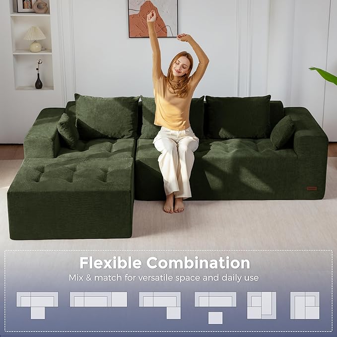MAXYOYO Modular Sectional Sofa Couch, L Shaped Boneless Cloud Couch with Flexible Ottoman, Chenille Upholstered Living Room Sleeper Sofa Chair for Living Room, No Assembly Required, Dark Green