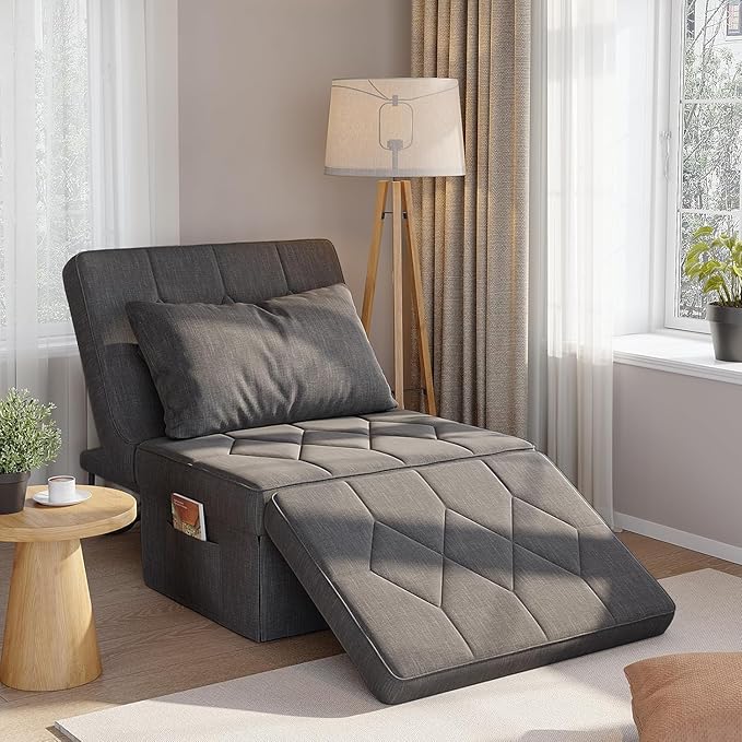 Convertible Sofa Bed with 5-Level Adjustable Backrest, 74" D x 37" W 4-in-1 Folding Ottoman Sleeper Chair Bed, Modern Single Futon Couch for Living Room Apartment Dorm Small Space, Dark Grey