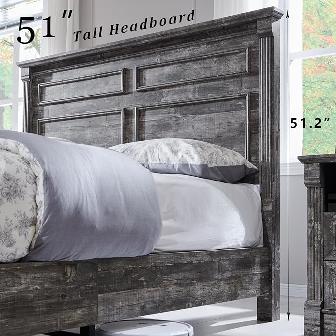 Aitjunz Farmhouse Queen Size Bed Frame with 51" Tall Headboard, Wood Platform Bed Frame with 20" Tall Roman Column Decoration Footboard & 2 Large Storage Drawers, No Box Spring Needed (Light Grey)