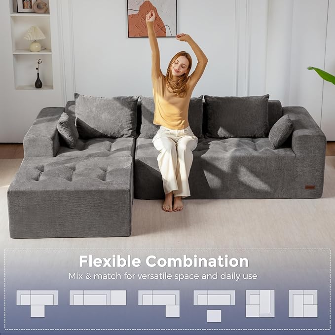 MAXYOYO Modular Sectional Sofa Couch, L Shaped Boneless Cloud Couch with Flexible Ottoman, Chenille Upholstered Living Room Sleeper Sofa Chair for Living Room, No Assembly Required, Light Grey