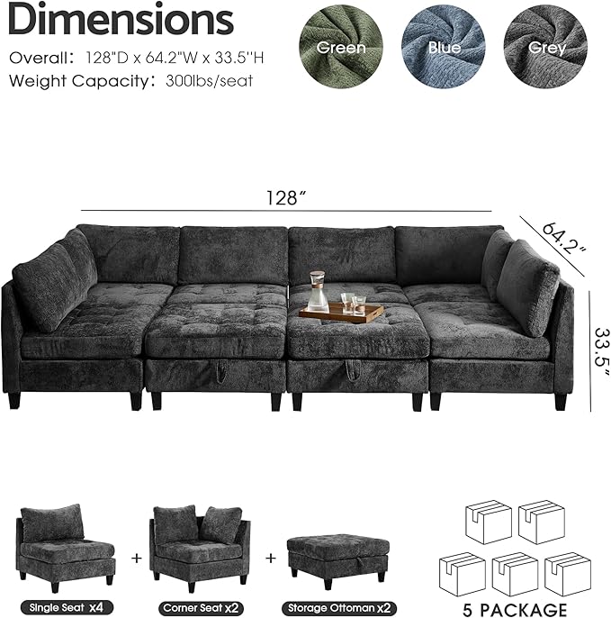 Luxe Oversized Modular Sectional Sofa, Modern Chenille Convertible Sleeper Sofa with Storage Ottoman, Comfy Deep Seat U-Shaped Cloud Couch for Living Room（Dark Grey，6-Seater + 2 * Ottoman + Tea Tray）