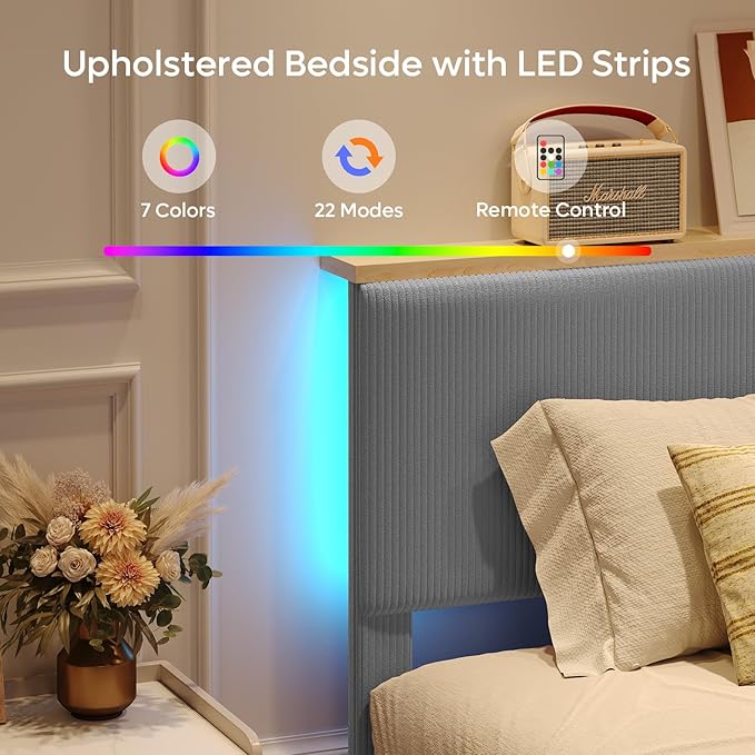 Bestier Queen Bed Frame with Adjustable Headboard & LED Lighting, Corduroy Upholstered Platform Bed Frame with Storage Shelf, Solid Wood Slats, No Box Spring Needed, Never Squeak, Easy Assembly, Grey