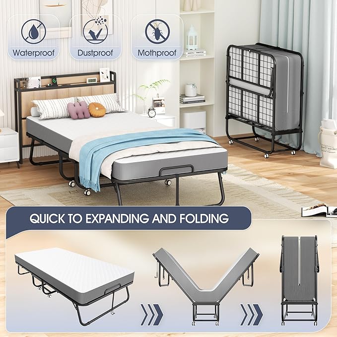 INTERGREAT Folding Bed, 75" x 31" Cot Size Portable Folding Beds for Adults, Metal Foldable Bed on Wheels for Guest, Space Saving Roll Away Beds for Easy Storage