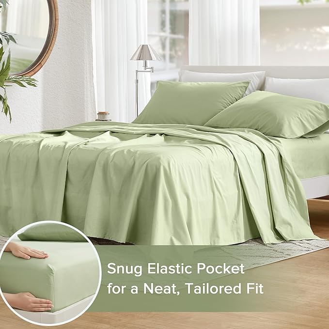 Comfort Spaces 100% Cotton Sheets Cal King, Breathable & Soft Cotton Sheets, Naturally Cool Cotton Bed Sheets with 14" Elastic Pocket Fits up to 16" Mattress, All Seasons Sheet Set, Sage Green 4 Piece