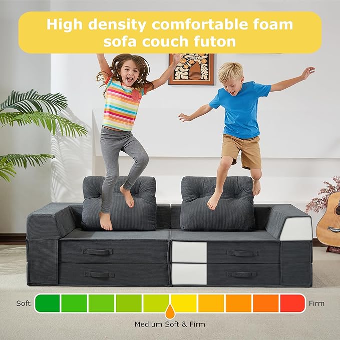 Folding Sofa Bed, 4 in 1 Convertible Sleeper Chair with Pillow, Loveseat Memory Foam Fold Out Chair Bed, Modern Floor Futon Sofa Couch Mattress for Living Room/Guest/Apartment, Black Grey | Compressed sofa, L shaped armrest, Sturdy backrest, Large supp...