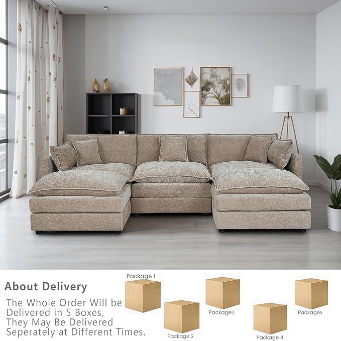 Setawix Deep 3 Seater Couch with Ottomans,112.2" U-Shaped Cloud Couches for Living Room,Chenille Cloud Sofa Couch with Deep Seat,Modular Sectional U Shape 3 Seat Sofa for Bedroom (Coffee, 3+2)