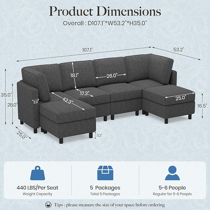 Belffin 110.2" Modular Sectional Sofa 6 Seats U Shaped Couch Washable Sectional Couches for Living Room Comfy Couches with Storage Seat Couch Sofas with Chaise,Dark Grey