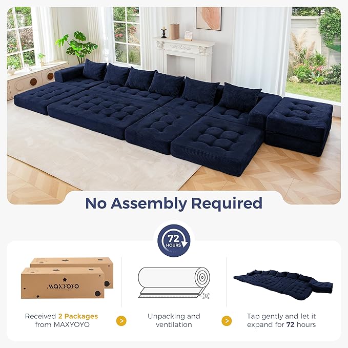 MAXYOYO Modular Sectional Sofa Couch, Foldable U Shaped Cloud Couch with Pillows, Tufted 7-Seat Boneless Sleeper Lounger Floor Sofa Bed for Living Room, No Assembly Required, Navy