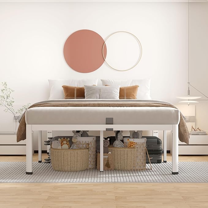 ROIL 12 Inch White King Bed Frame with Rounded Corner and Headboard Hole Mattress Retainers, 3500LBS Heavy Duty Steel Slats No Box Spring Needed Platform Noise-Free Easy Assembly