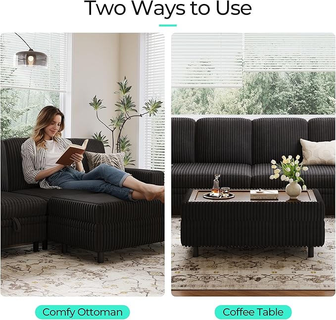 LINSY HOME Sectional Sleeper Sofa - Modular Ottoman Module (Black, Sleeper Sofa Ottoman) | Storage, Convertible, Coffee Table, Plush Corduroy