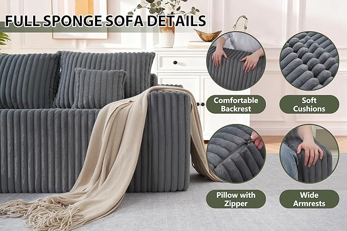 HABUTWAY 94'' Cloud Sectional Couch, Boneless Sofa with Deep Seat, Modular Comfy L-Shape Couch with Chaise for Living Room Bedroom, No Assembly Required(Grey,Left Facing Chaise)