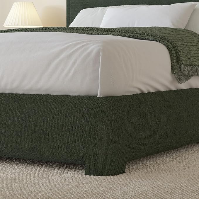 BarnFurin Full Size Bed Frame with Headboard, Boucle Upholstered Platform Bed Frame, Soft Rounded Corners, No Box Spring Required, Non-Slip and Noise-Free, Easy Assembly, Green