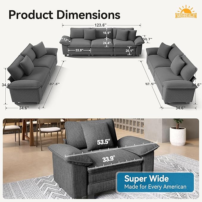 3 Piece Living Room Sofa Furniture Set, Oversized Corduroy Modular 2 Loveseat and 3-Seat Couch with Pillow, 7-Seat Modern Cloud Sectional Deep Seat for Apartment, Grey