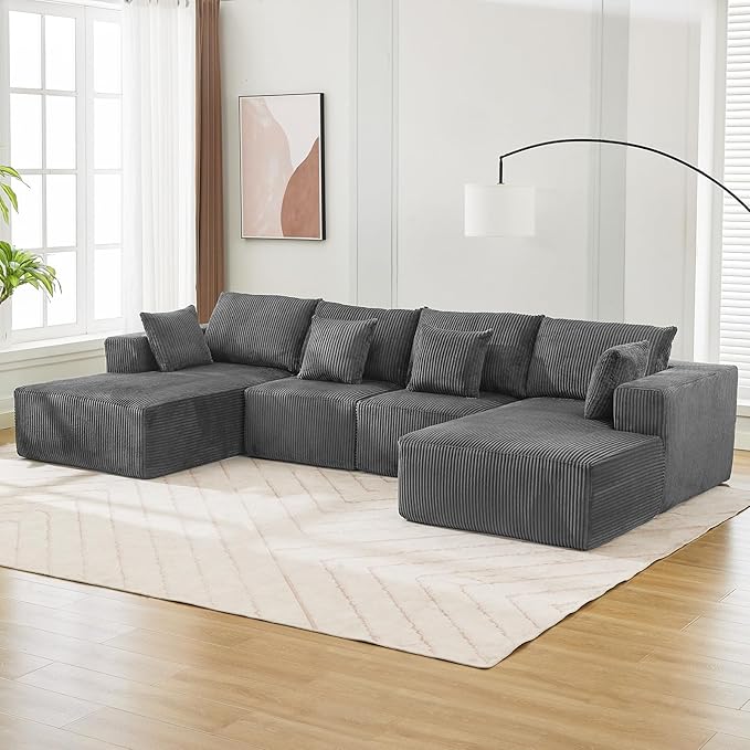 Sectional Cloud Boneless Couch 137" Modern Comfy U-Shaped No Assembly Required Convertible Compression Sleeper Modular Sofa with Corduroy Fabric Deep Seat Single + Chaise for Living Room