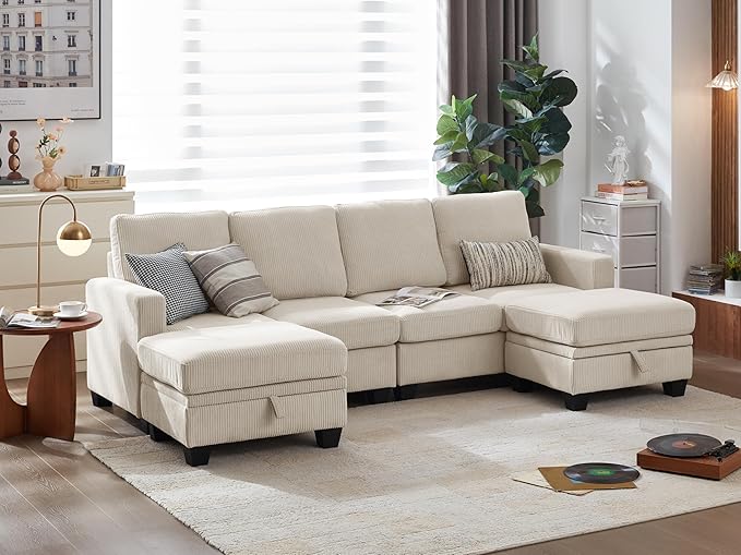 CHIC HOUSE Modular Sectional Sofa with Storage Ottomans, Corduroy Cloud Couch for Small Spaces & Apartments, Reconfigurable L/U Shaped Convertible Corner Sofa, Beige, 6 Seater Sectional