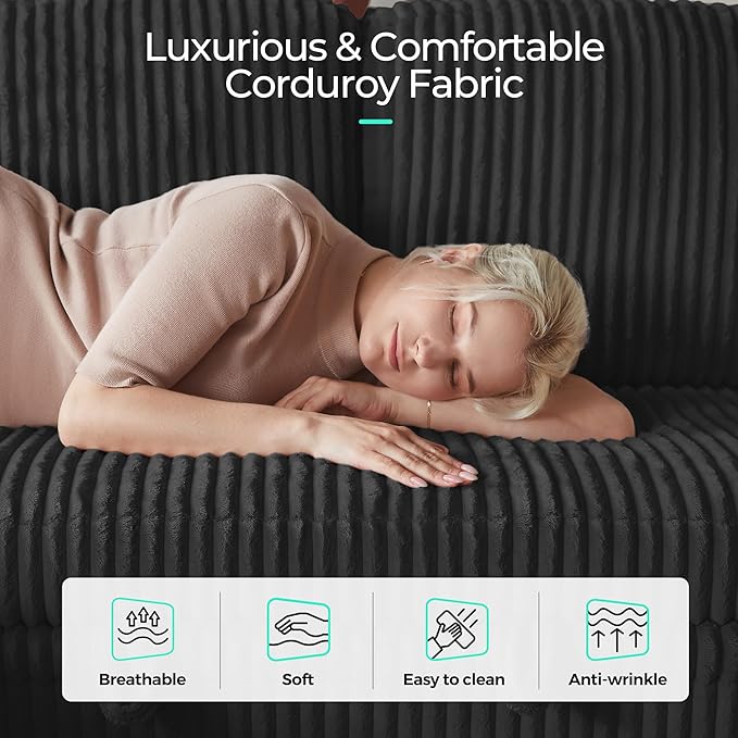 LINSY HOME Sectional Sleeper Sofa Pull Out Couches for Living Room (Black, Sleeper Sofa 2) | Pull Out Sofa Bed, Storage, USB Charging, Cup Holders, Plush Corduroy