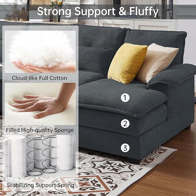 110“ Convertible Sectional Sofa, U Shape Cloud Couch, Comfy Couches with Double Chaise and Sleepable Armrests, 4 Seats Sectional Couches for Living Room, Dark Grey