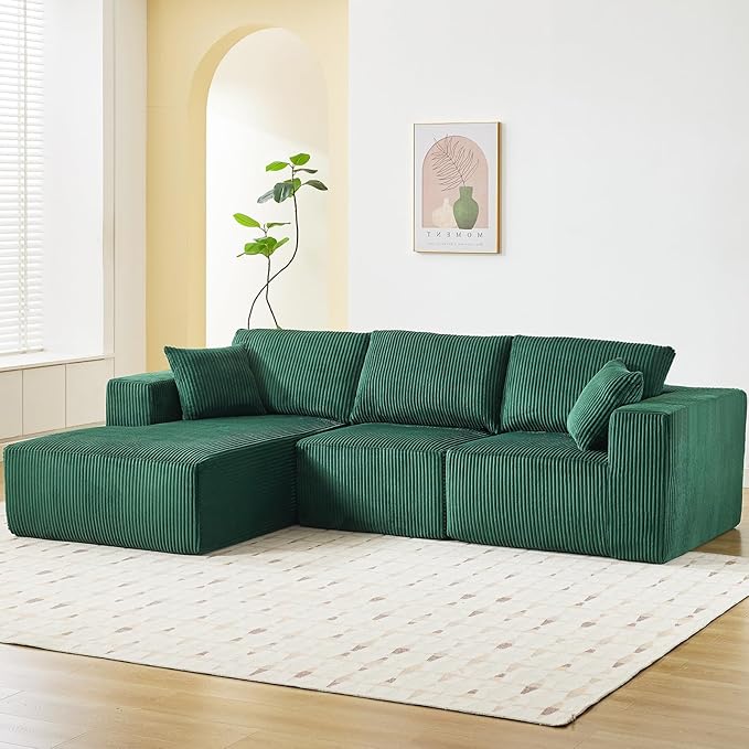 Sectional Cloud Boneless Couch 108" Modern Comfy L-Shape No Assembly Required Convertible Compression Sleeper Modular Sofa with Corduroy Fabric Deep Seat Loveseat + Chaise for Living Room