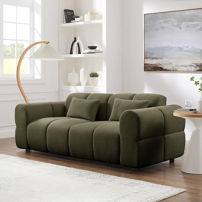 80" Modern Sofa Couch, Comfy Deep Seat Lambswool Cloud Sofa, Upholstered 3-Seater Boucle Couch, Oversized Loveseat for Living Room, Bedroom, Office, Apartment(Green)