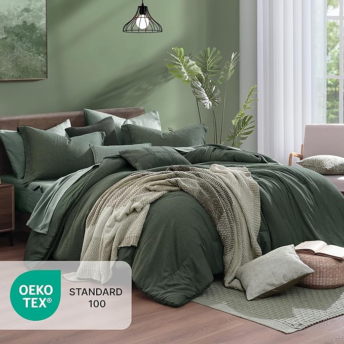 Monbix Super King Plus Comforter Set, Deep Forest Cationic Dyeing Bedding Set Reversible, Bed in a Bag 7 Pieces with Comforter, Sheets, Pillowcases & Shams