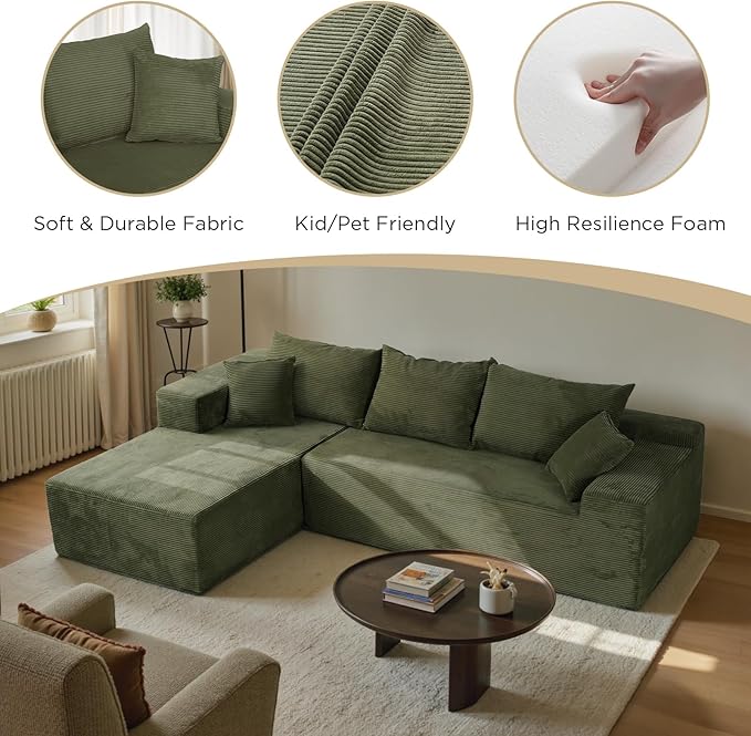 Green 103“ Sectional Couches for Living Room, Boneless Couch with L-Shape Chaise, Modular Sofa in Box with Deep Seat, No Assembly Required