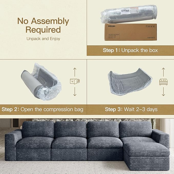 Boneless Sectional Cloud Couch with Deep Seat Plush Corduroy Modular Sectional Sofa Convertible L Shaped Couches for Living Room. Grey Sofa.
