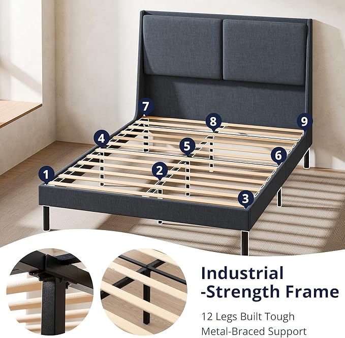 Cozy Castle Queen Size Upholstered Platform Bed Frame with 51.2" Tall Wingback Headboard, Double Backrest Metal Bed Frame, No Box Spring Needed, Easy Assembly, Bedroom Furniture, Navy Blue