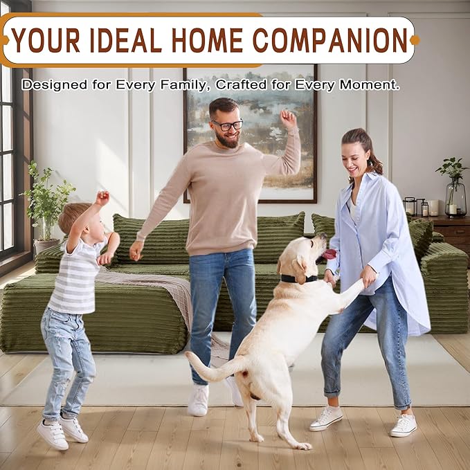 110" L-Shaped Modular Sectional Sofa with Chaise, Boneless Comfy Corduroy Fluffy Couch with Deep Seat and Side Pockets, Flexible Module Combination for Living Room, No Assembly, Side Pockets