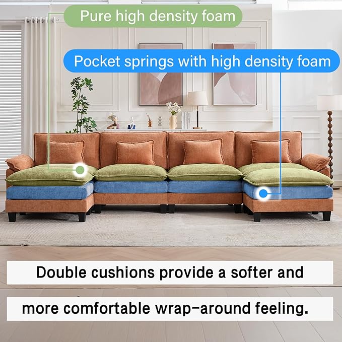 154" Modular Sectional Sofa, Comfy Cloud Couch Sectional Sofa with Ottoman, Chenille Sofa Sleeper Deep Seat Sofa with Throw Pillows for Living Room (Orange, 154"- U Shape)