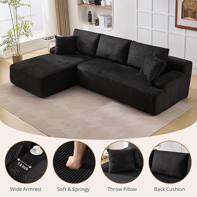 Sectional Cloud Boneless Couch 106" Modern Comfy L-Shape Corner No Assembly Required Convertible Compression Sleeper Modular Sofa with Corduroy Fabric Deep Seat Loveseat + Chaise for Living Room