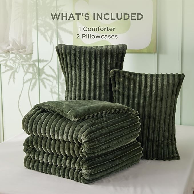 Bedsure Full Size Comforter Sets - GentleSoft™ 3 Pieces Double-Side Fleece Fluffy Olive Green Comforter Set, Cozy Striped Room Decor Aesthetic, Luxury Full Size Bedding, 2 Pillowcases, 82x86 Inches