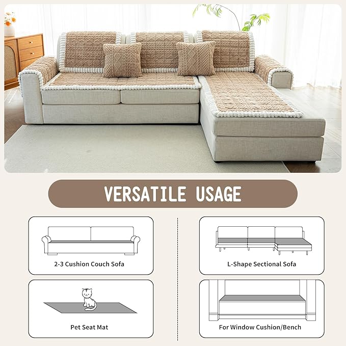 Sofa Pad, Plush Couch Cover Washable for Pet, Non-Slip Warm Couchs Cover, Funny Fuzzy Pet Couch Covers for Sofa, Sofa Slipcovers Furniture Covers for L Shaped(Light tan, 27.6"x 70.9")