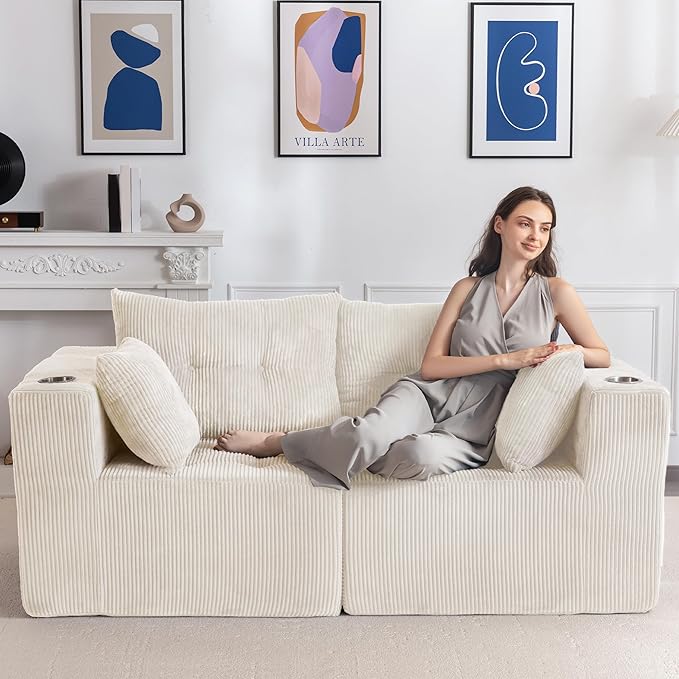 MAXYOYO Modular Sectional Sofa Couch, Loveseat Boneless Cloud Couch for Living Room, Sofa in A Box, Tufted Upholstered Cozy Chair with Cup Holders, No Assembly Required, Beige