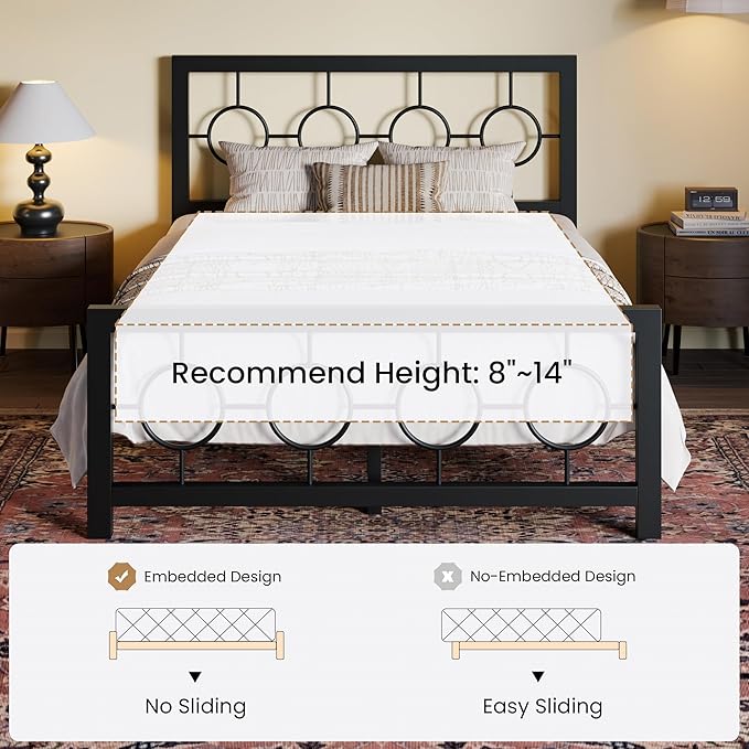 SHA CERLIN Full Size Metal Bed Frame with Vintage Circular Design Headboard and Footboard,No Box Spring Required,Easy Assembly,Noise-Free,Black