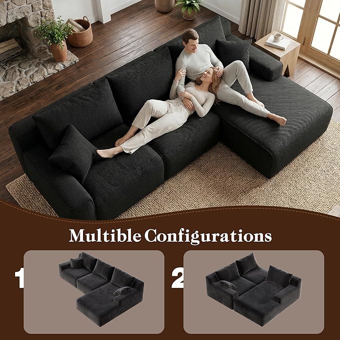 97”Modular Sectional Sofa, Cloud Sectional Couch with Deep Seat, Modern Modular L-Shape Sofa Couch, Upholstered Boneless Couches for Living Room Bedroom (Black Check, Right Facing Chaise)