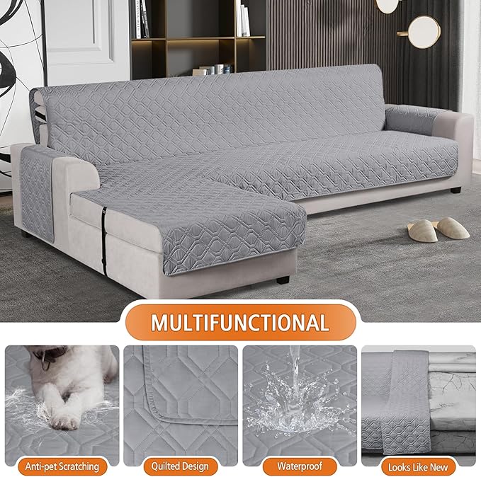 VANSOFY Upgraded Sectional Couch Covers 100% Waterproof L Shaped Sofa Slipcover Reversible Chaise Lounge Cover for Sectional Sofa Furniture Protector Cover for Pets Dog Cat(X-Large, Light Gray)