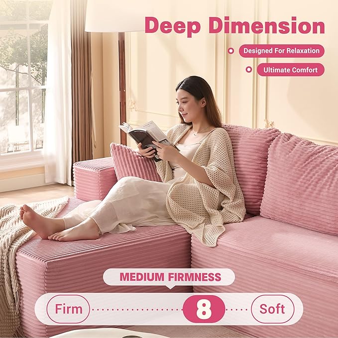 107" Boneless Couch with Deep Seat, Set of Modular Sectional Sofa, Cloud Sectional Couch for Living Room, No Assembly Required, Corduroy, L-Shape Left, Pink
