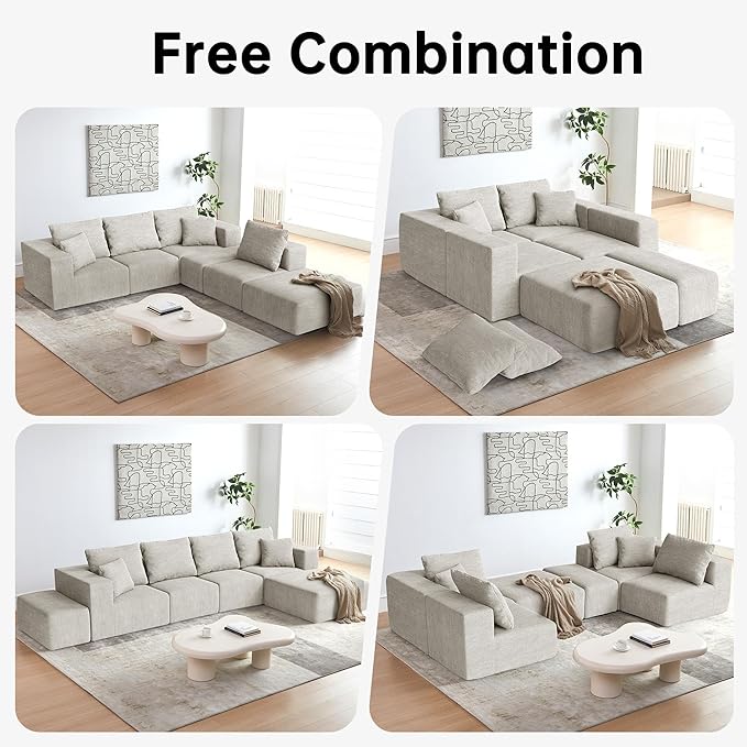 CUGOAO 152'' Modern Boneless Couch, Oversized 2-in-1 Modular Sectional Sofa Bed, Extra Deep Seat Upholstery Cloud Couch, Boneless Couches for Living Room, No Assembly Required, Beige Chenille
